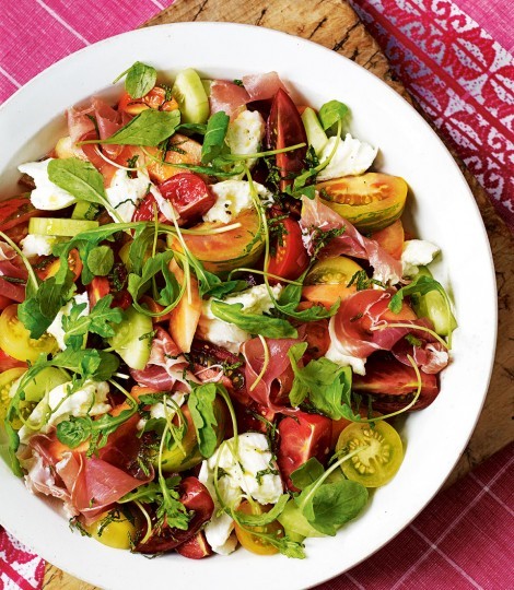 Heritage tomato salad with air-dried ham, melon and mozzarella