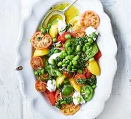 Heritage tomato salad with ricotta, broad beans & salsa verde
