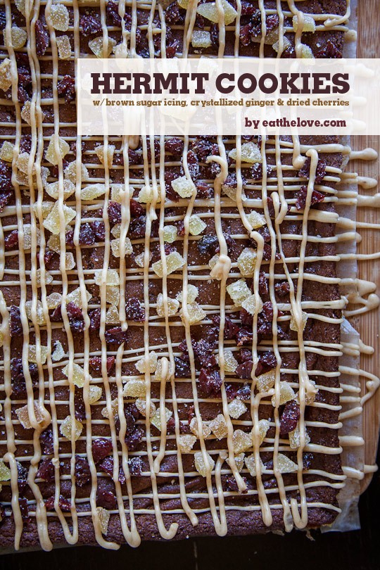 Hermit cookies with brown sugar icing, dried cherries and crystallized ginger