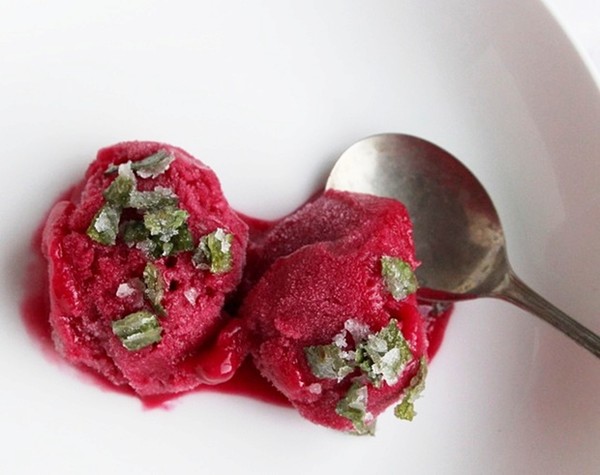 Hibiscus and rhubarb sorbet with crystalized fresh mint