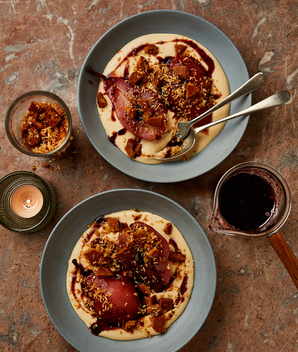 Hibiscus-poached pears with toasted coconut custard