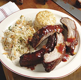 HIckory-smoked baby back ribs with apricot-bourbon barbecue sauce