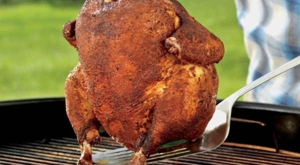 Hickory-smoked beer can chicken