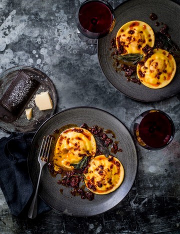 Hidden-egg-yolk ravioli with crispy sage and 'nduja oil