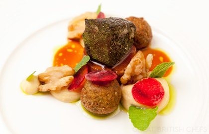 Hogget mezze with falafel, walnuts and mint oil