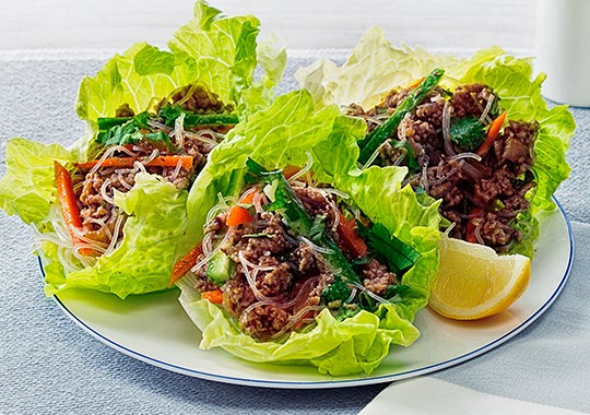 Hoisin and plum pork mince in lettuce cups