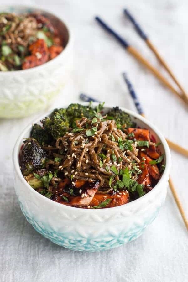 Hoisin caramelized salmon and sesame soba noodle bowls