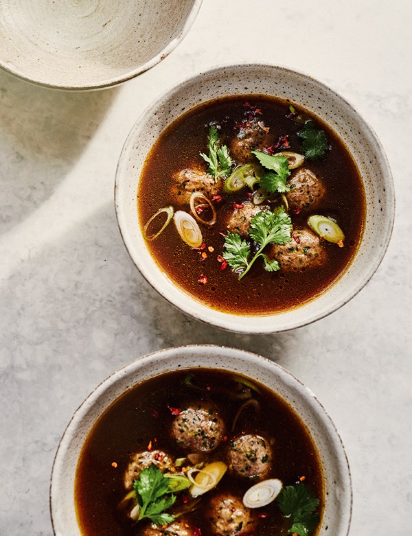 Hoisin duck broth with chicken dumplings