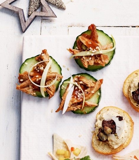 Hoisin duck on cucumber