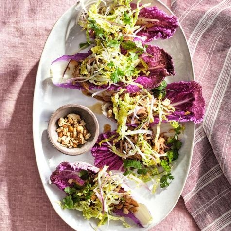 Hoisin-ginger pork lettuce warps with cashew slaw