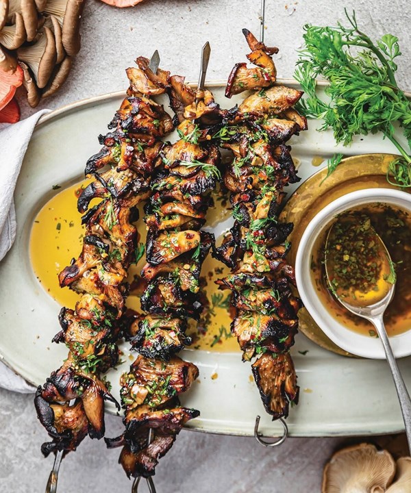 Hoisin-glazed BBQ oyster mushroom skewers