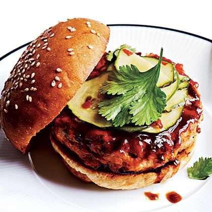 Hoisin-glazed salmon burgers with pickled cucumber