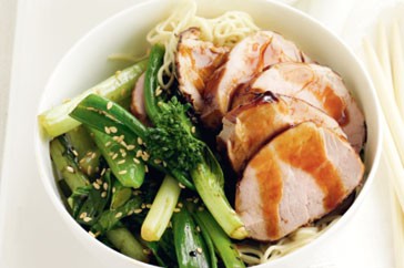 Hoisin pork fillet with stir-fried Chinese greens