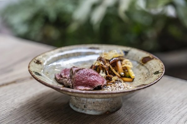 Hojicha smoked venison sashimi and kabocha kinpira