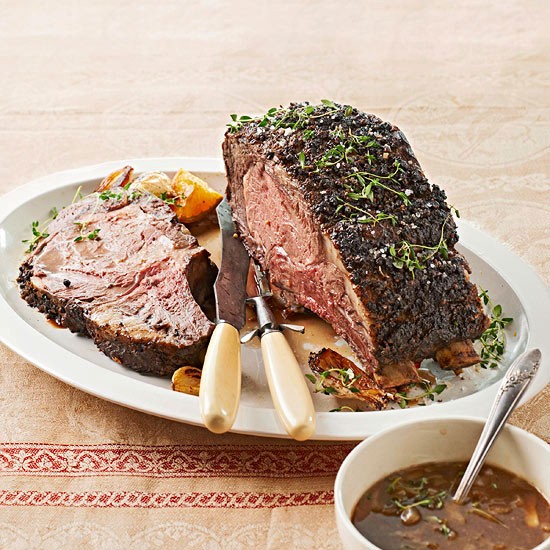 Holiday rib roast with grain mustard sauce