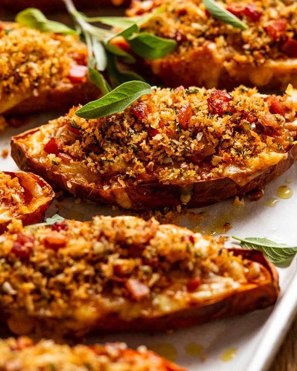 Holiday stuffed sweet potato – with bacon, pecans & sage