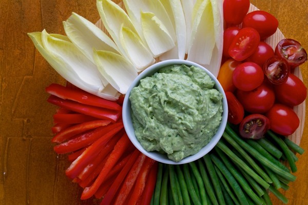 Holiday vegetable platter with herbed avocado dip