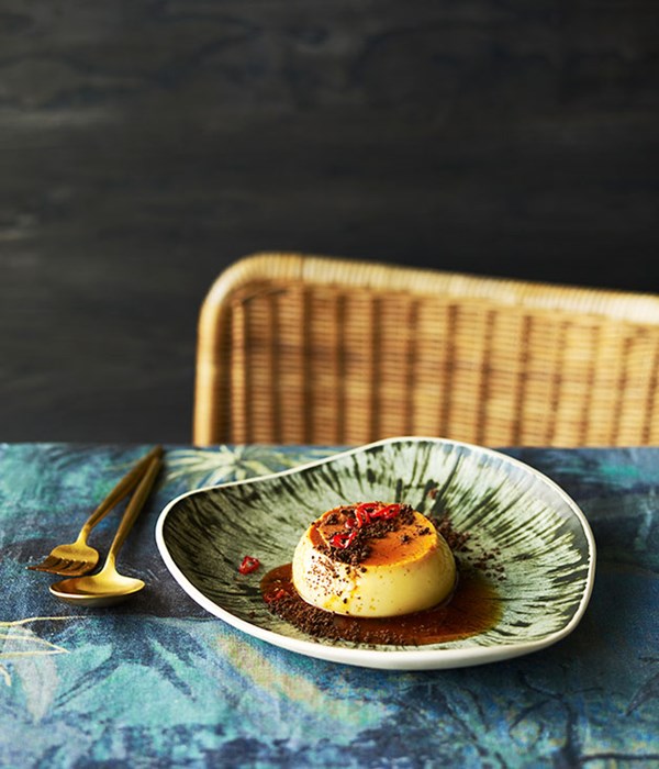 Holy trinity flans with candied chilli and chocolate crumb
