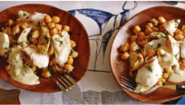 Home-cured salt fish, warmed chickpea salad and almond cream