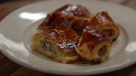 Home-made puff pastry wild boar sausage rolls