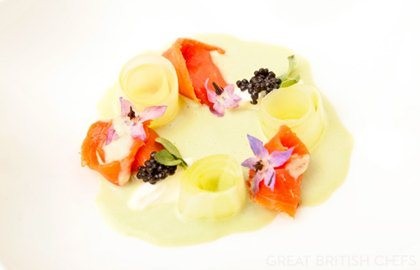 Home-smoked Alaska salmon with pickled cucumber, crème fraîche and English wasabi gazpacho