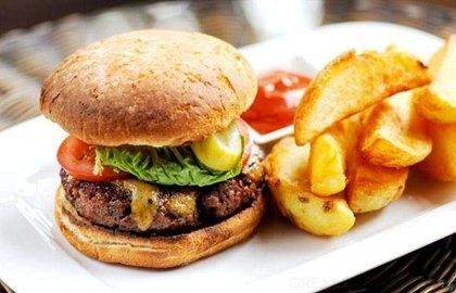 Homemade beef burger with Stilton rarebit, burger sauce and chunky chips