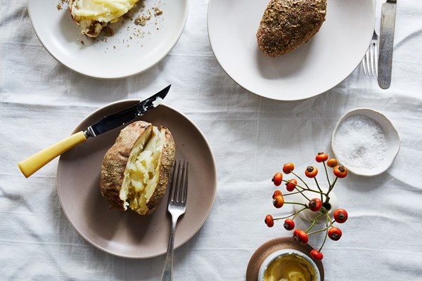 Homemade celery-salt crusted baked potato