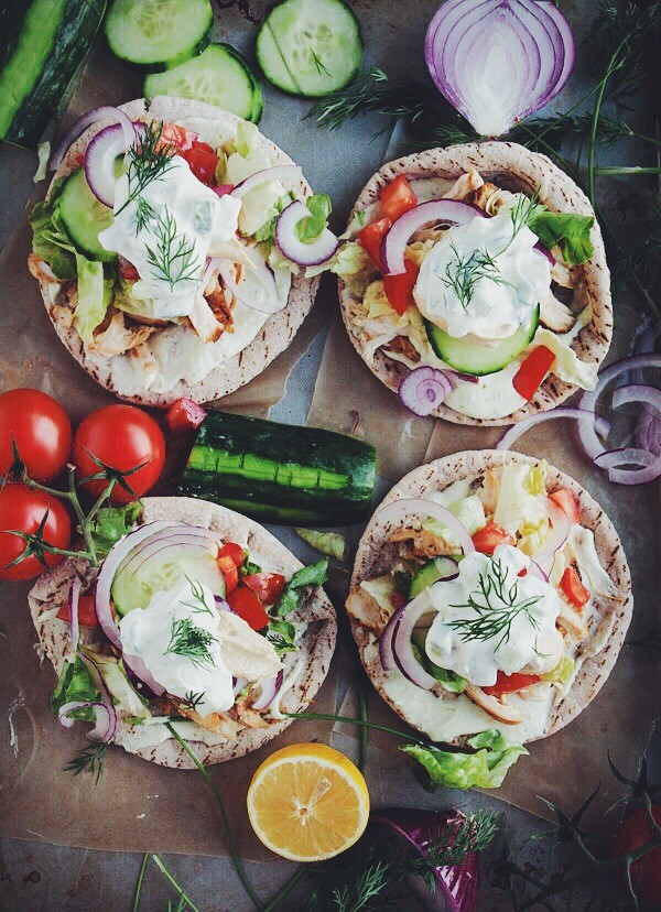 Homemade chicken pitas with jalapeño whipped feta and quick tzatziki