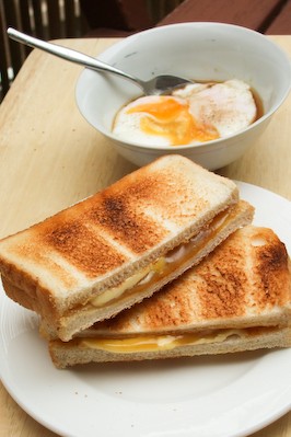 Homemade coconut jam, on toast with soft boiled eggs (Kaya)