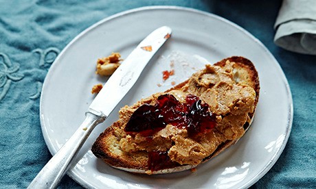 Homemade crunchy peanut butter with maple syrup