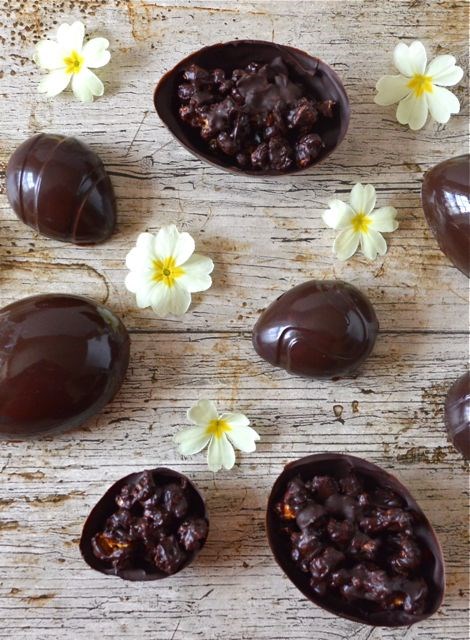 Homemade Easter eggs with dark chocolate salted caramel popcorn