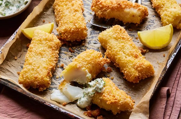 Homemade fish fingers, chips & herby mayo