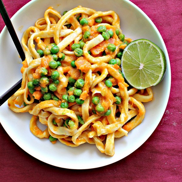 Homemade ginger pasta with sweet potato-wasabi sauce