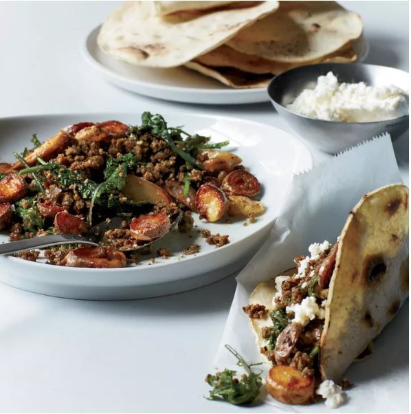 Homemade green chorizo tacos with kale & potatoes