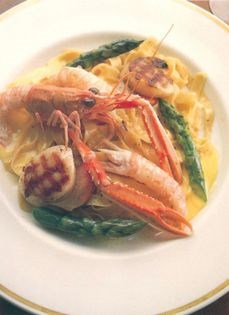 Homemade noodles with langoustine, scallops, asparagus and lemon sauce [Richard Smith]