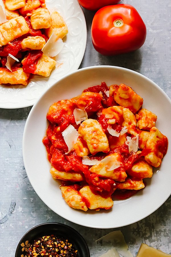 Homemade potato gnocchi with fast tomato sauce