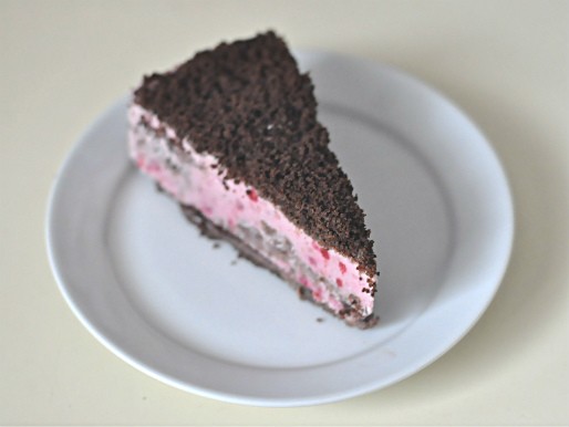Homemade raspberry ice cream cake with chocolate crumb crust