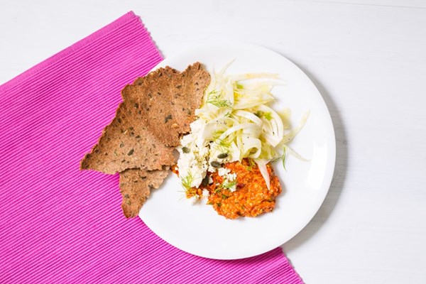 Homemade ricotta, romesco sauce, fennel and rye
