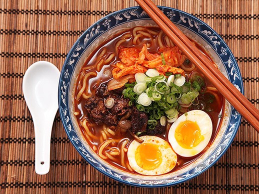 Homemade shin cup-style spicy Korean ramyun beef noodle soup