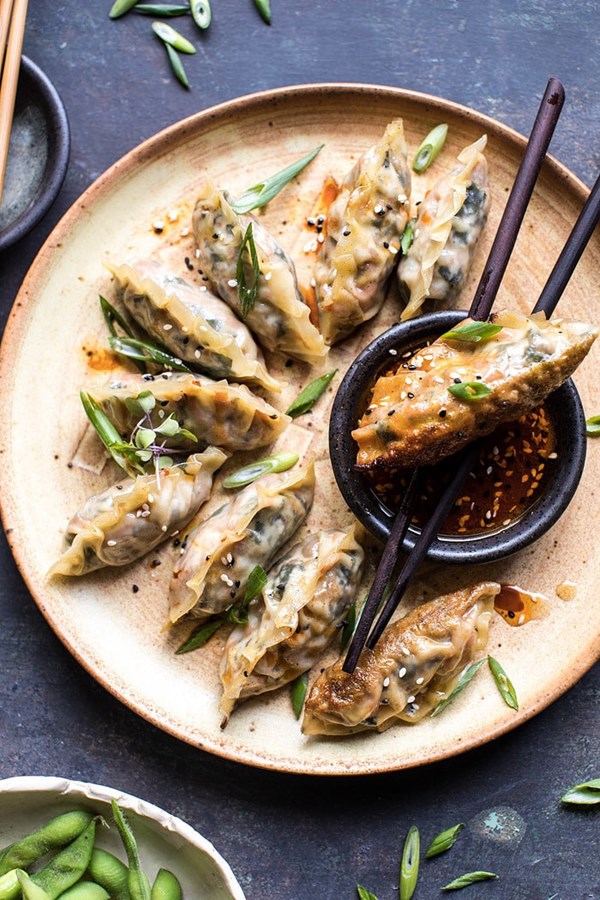 Homemade vegetable potstickers with toasted sesame honey soy sauce