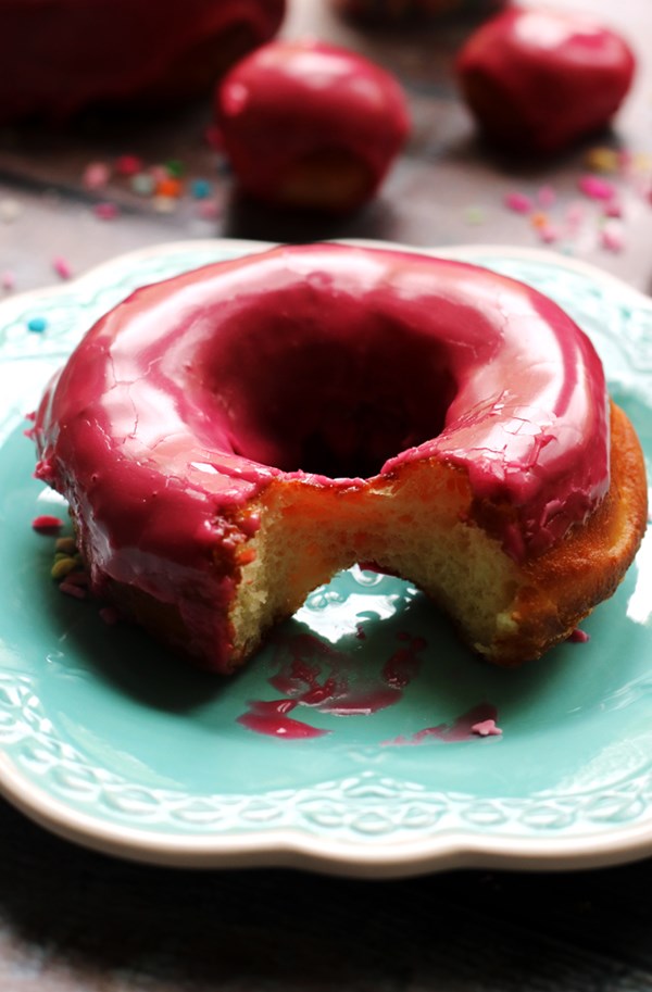 Homemade yeast donuts with hibiscus glaze