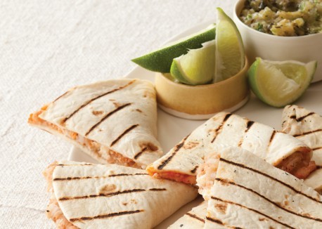 Hominy quesadillas with grilled tomatillo salsa