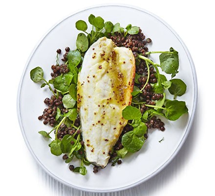 Honey & orange roast sea bass with lentils 