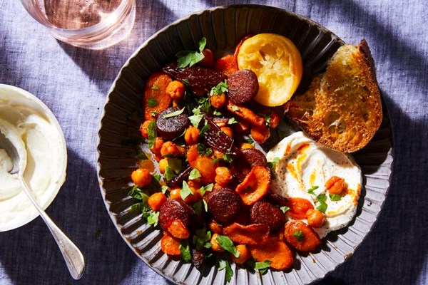  Honey & smoked paprika roasted carrots with chorizo, chickpeas, and dates 