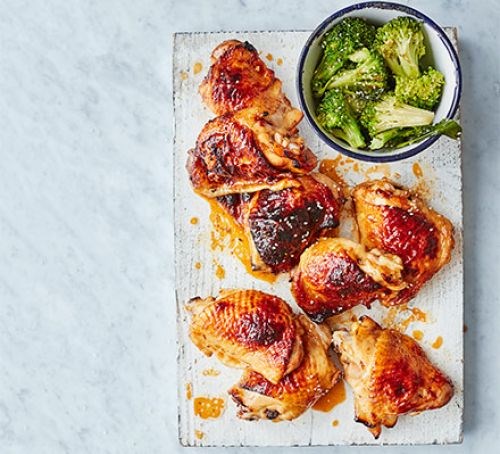 Honey & soy chicken thighs with sesame broccoli