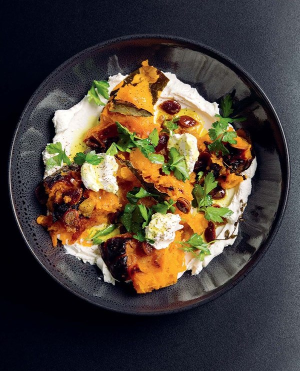 Honey & thyme roast pumpkin with garlic labneh & curried pumpkin seeds