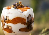 Honey and apricot trifle with walnuts and lavender