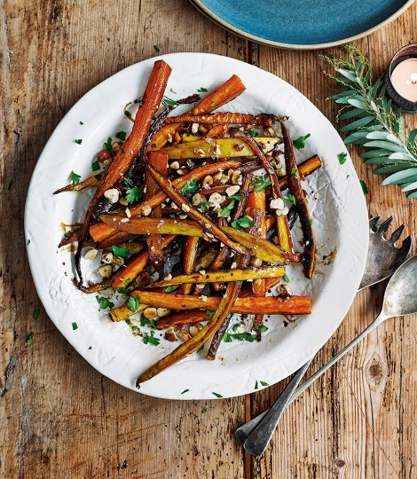 Honey and balsamic roasted heritage carrots with hazelnuts