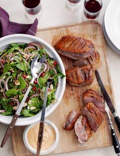 Honey and cinnamon duck with lentil and pomegranate salad