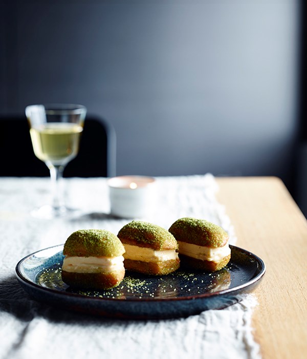 Honey and ginger ice-cream and lemon curd doughnut sandwiches